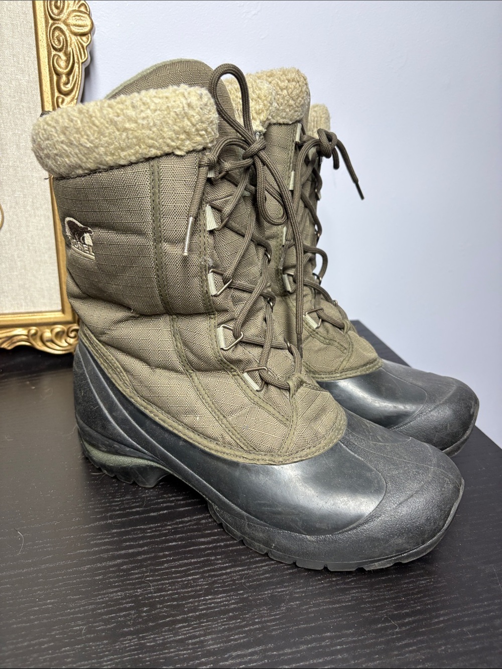 Sorel Olive Green and Black Insulated Lace-Up Winter Boots with Sherpa Cuff